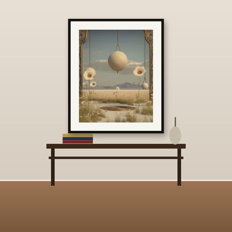May include: A framed wall art print featuring a surreal landscape with a large central sphere, smaller hanging spheres, and white flowers. The scene includes a desert-like field, distant mountains, and a clear sky, all enclosed within an ornate archway.