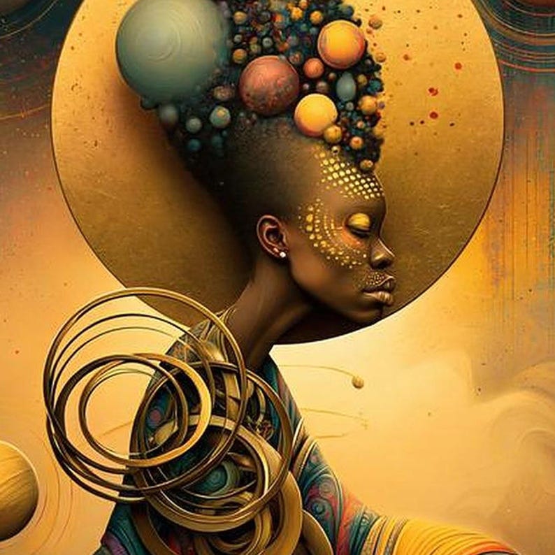 K&ouml;nnte beinhalten: Eine digitale Illustration einer Person im Profil mit einem gro&szlig;en, goldenen kreisf&ouml;rmigen Heiligenschein hinter dem Kopf. Das Haar ist mit zahlreichen bunten Kugeln unterschiedlicher Gr&ouml;&szlig;e geschm&uuml;ckt. Sie tr&auml;gt goldene Gesichtsmuster und Ringe.