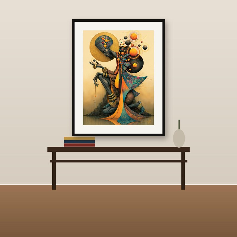 Op de afbeelding: Een ingelijste wandkunstprint met een gestileerde donkerhuidige figuur in een knielende houding, versierd met gouden sieraden en vloeiende oranje en blauwgroene kledingstukken, omringd door zwevende bollen tegen een warme, goudkleurige achtergrond.