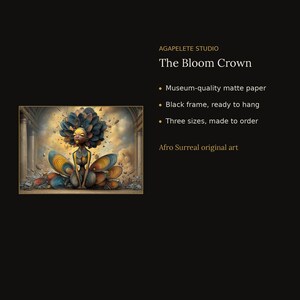 May include: A framed art print titled The Bloom Crown by Agapelete Studio. The artwork depicts a figure with a large, dark, petal-like headpiece and yellow accents, surrounded by floating debris against a background of architectural columns.