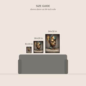 May include: A size guide graphic displaying three framed prints above an 84-inch sofa. The prints feature a stylized head in blue, gold, and brown tones, labeled with dimensions of 8x10 inches, 16x20 inches, and 24x32 inches respectively.