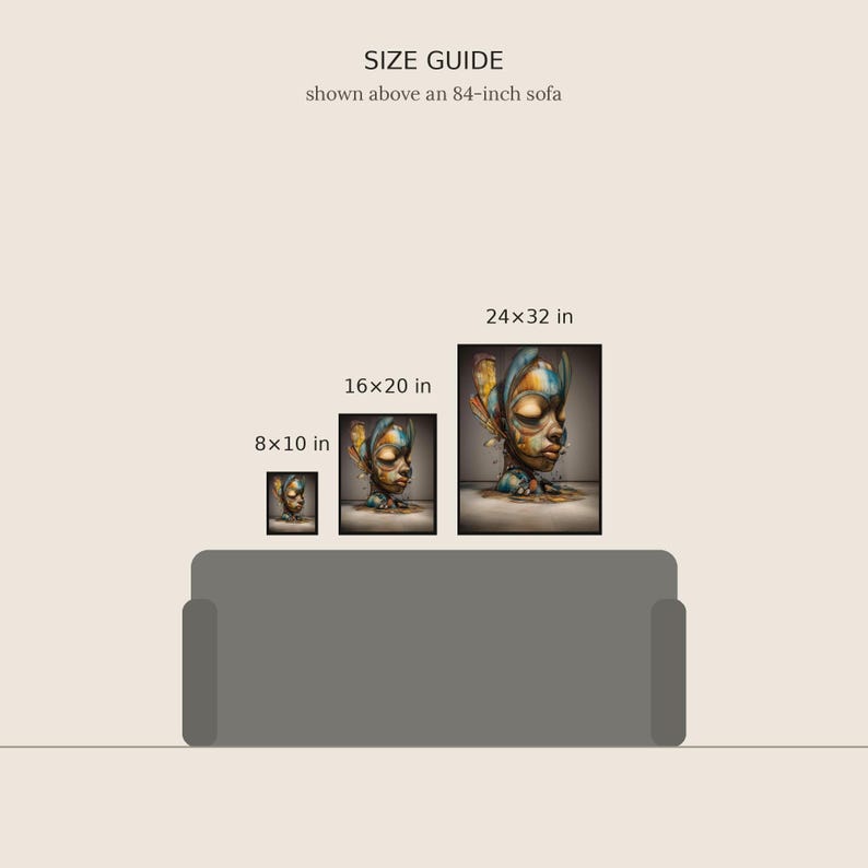 May include: A size guide graphic displaying three framed prints above an 84-inch sofa. The prints feature a stylized head in blue, gold, and brown tones, labeled with dimensions of 8x10 inches, 16x20 inches, and 24x32 inches respectively.