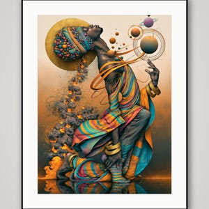 May include: A framed art print depicting a figure in a striped garment with gold bracelets, adorned with a colorful beaded headpiece. A golden halo sits behind the head, while floating spheres and swirling smoke elements surround the figure.