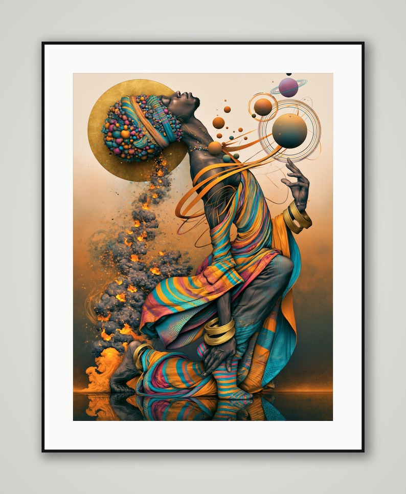 May include: A framed art print depicting a figure in a striped garment with gold bracelets, adorned with a colorful beaded headpiece. A golden halo sits behind the head, while floating spheres and swirling smoke elements surround the figure.