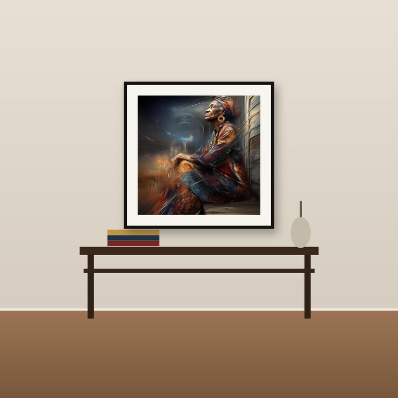 May include: A framed wall art print featuring a painting of a person with a head wrap, wearing patterned clothing in shades of orange, blue, and brown, sitting in a dimly lit space with swirling abstract light effects in the background.