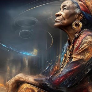 May include: An elderly person with dark skin and gray hair wears a colorful headwrap, large gold hoop earrings, and a textured, multi-colored garment. The figure is shown in profile, looking upward against a dark, abstract background with light streaks.