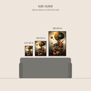 May include: A size guide graphic featuring three framed rectangular prints displayed above an 84-inch sofa. The prints show a figure with dark hair and orange, blue, and yellow abstract shapes. Labels indicate sizes of 12x16 in, 18x24 in, and 28x40 in.
