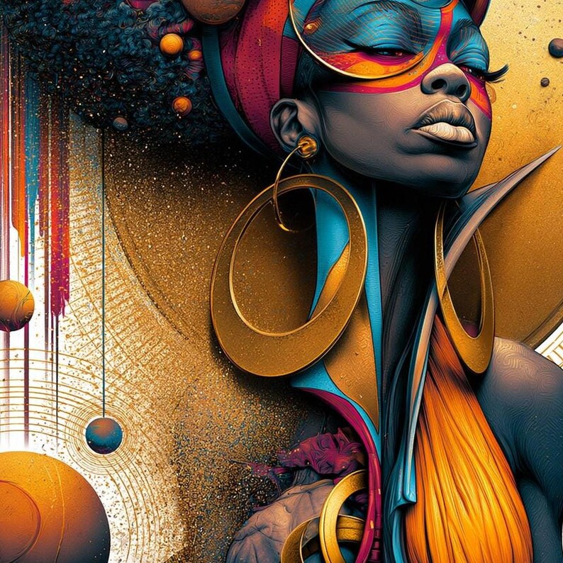 May include: A digital illustration of a person with dark skin wearing large gold hoop earrings and a vibrant headwrap. The composition features abstract geometric lines, circular shapes, and a color palette of deep blue, bright orange, and gold, with textured elements and flowing vertical streaks.