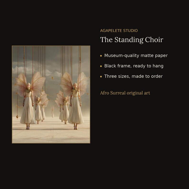 May include: A framed art print titled The Standing Choir by AGAPELETE STUDIO. The image depicts multiple figures with large, translucent wings suspended by thin strings, wearing white pleated dresses against a cloudy sky background.