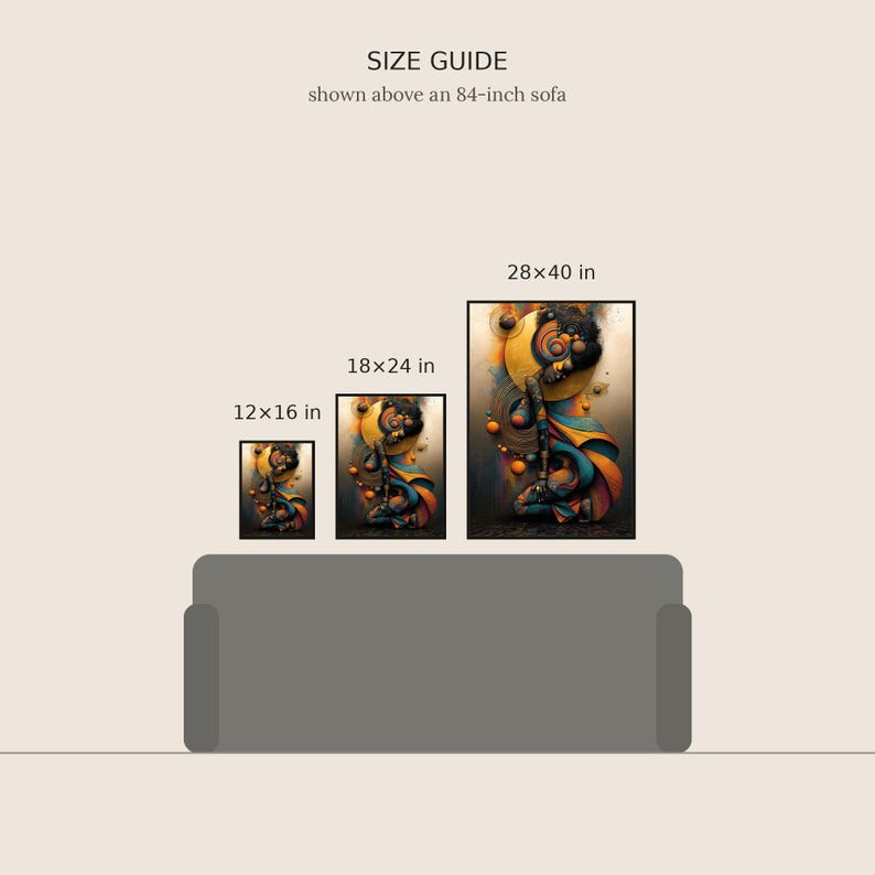 May include: A size guide graphic displaying three framed vertical art prints above an 84-inch sofa. The prints are labeled 12x16 inches, 18x24 inches, and 28x40 inches, each featuring an abstract figure in shades of orange, blue, and black.
