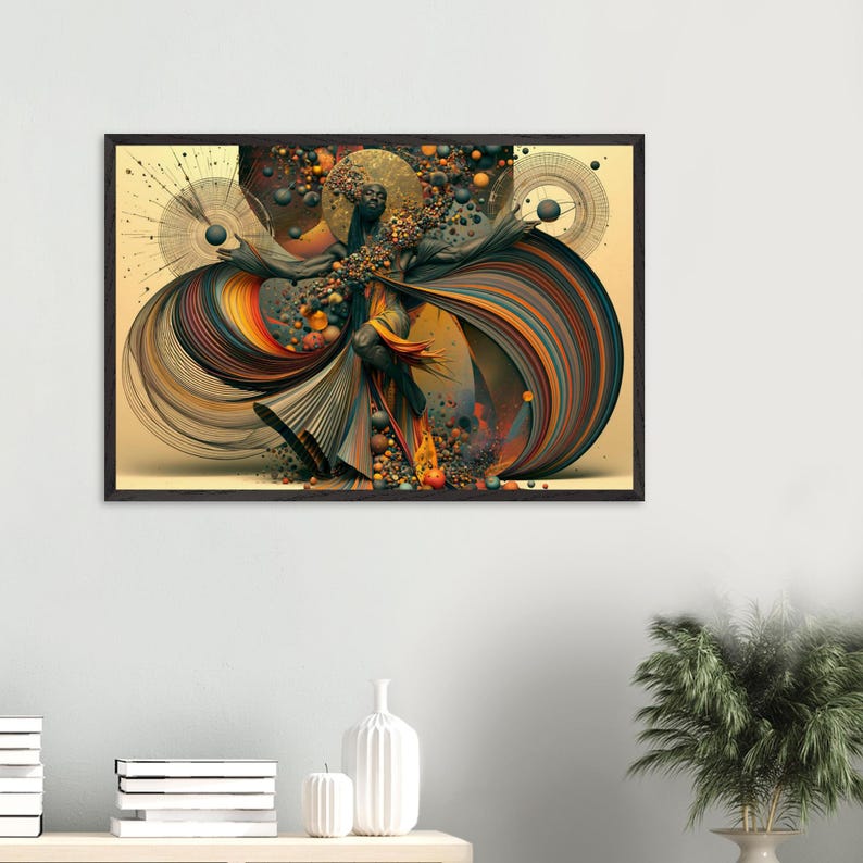 Ingelijste wanddecoratie met Afro-Amerikaanse dans, Jubilee, zwarte kunstprint, Afro-surrealistische decoratie in goud en brons, klaar om op te hangen. afbeelding 4