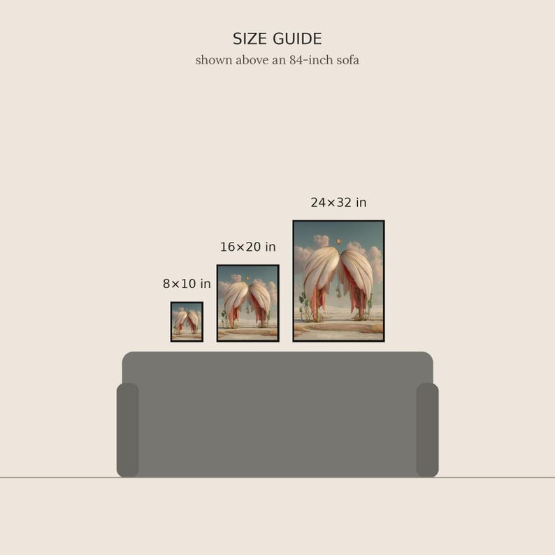 May include: A size guide graphic showing three framed prints above an 84-inch sofa. The prints feature an illustration of large wings in a desert landscape. The sizes 8x10 inches, 16x20 inches, and 24x32 inches are labeled above each frame.
