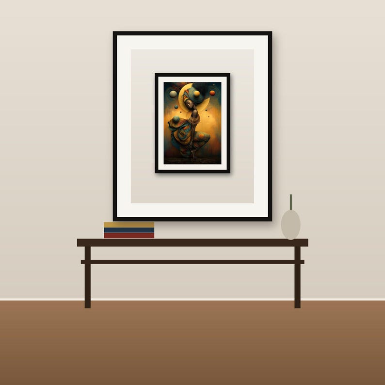 K&ouml;nnte beinhalten: Ein gerahmter Kunstdruck mit einer stilisierten Figur in hockender Pose, umgeben von schwebenden Kugeln und einer goldenen Sichelform. Das Kunstwerk ist in einem schwarzen Rahmen mit wei&szlig;em Passepartout hinter Glas pr&auml;sentiert.