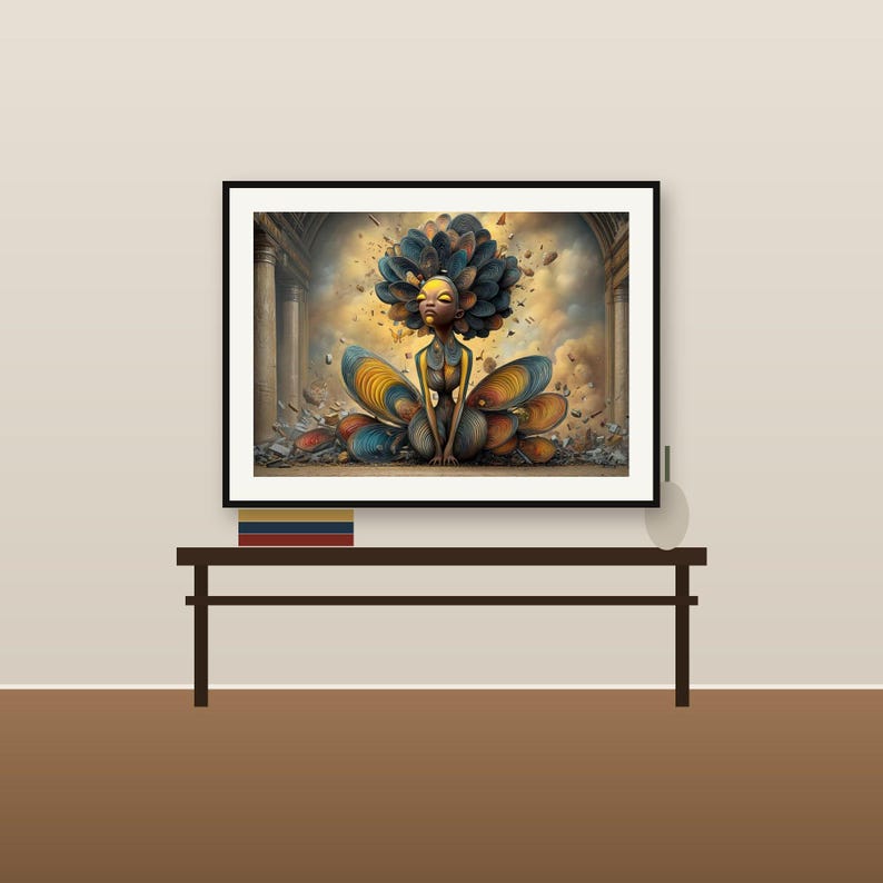May include: A framed wall art print featuring a stylized figure with a large, petal-like dark blue and yellow headpiece, seated amidst swirling, colorful organic shapes in a columned hall with a cloudy, golden-toned sky background.
