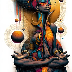 May include: A digital illustration of a person in a meditative pose, featuring vibrant orange, blue, and gold colors. The figure wears large hoop earrings and a headwrap, surrounded by floating spheres and circular geometric line patterns.