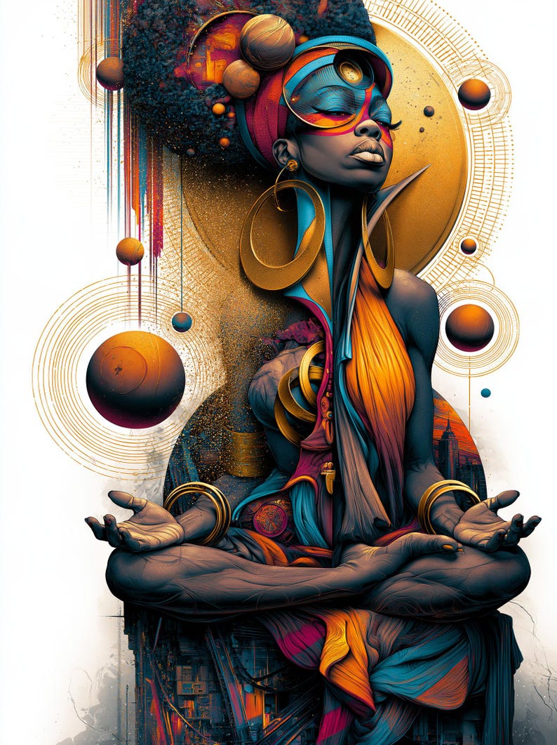 May include: A digital illustration of a person in a meditative pose, featuring vibrant orange, blue, and gold colors. The figure wears large hoop earrings and a headwrap, surrounded by floating spheres and circular geometric line patterns.