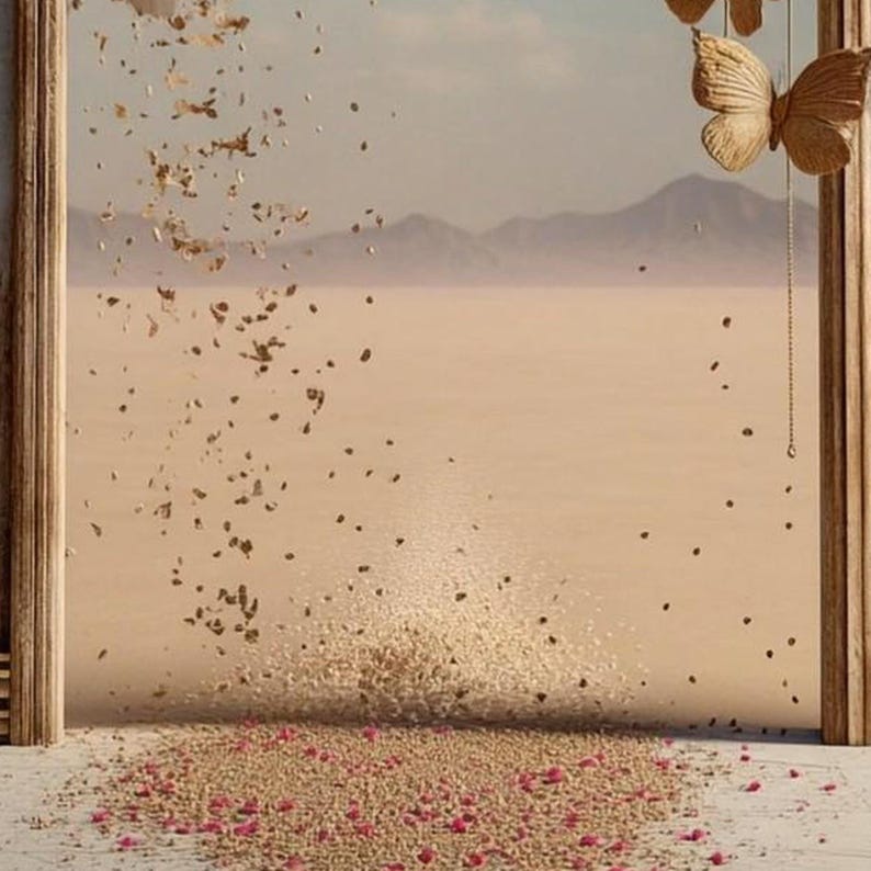 May include: A wooden frame surrounds a view of a desert landscape with mountains in the distance. A golden butterfly ornament hangs from the top right corner. Small petals and particles fall through the air onto a pile of pink flower petals.