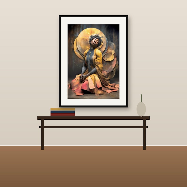 May include: A framed wall art print featuring a person with dark skin and short hair, wearing a flowing yellow and orange garment. The figure is seated in a meditative pose against a backdrop of large, overlapping golden circular shapes.