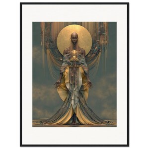 May include: A framed wall art print featuring a bald figure with dark skin wearing a layered, flowing gown in shades of gold, yellow, and muted blue. A large, glowing golden circular halo sits behind the head, with intricate hanging gold chains.