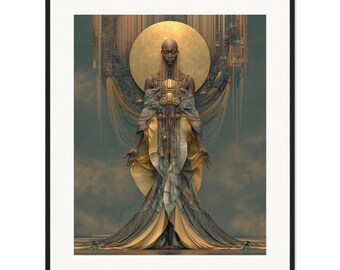 Pode incluir: Uma impressão de arte emoldurada apresentando uma figura careca de pele escura vestindo um manto fluido e em camadas em tons de dourado, amarelo e azul suave. Um grande halo circular dourado brilha atrás da cabeça com correntes douradas.