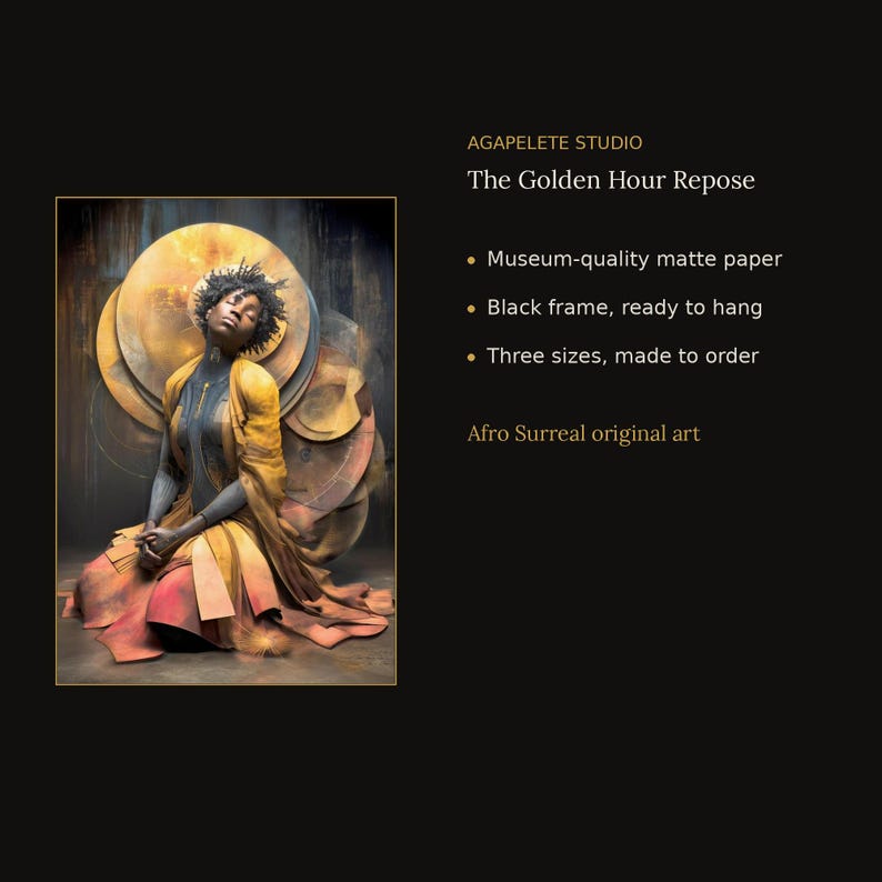May include: A framed art print titled The Golden Hour Repose by AGAPELETE STUDIO. The artwork depicts a person with dark skin and short hair, wearing flowing yellow and orange garments, seated before a large, circular golden background.