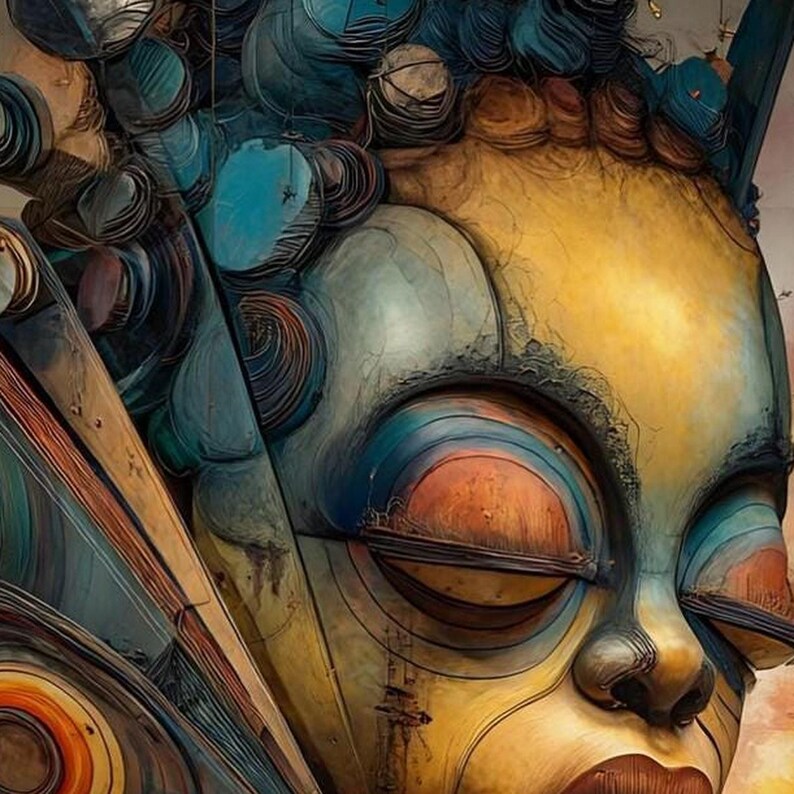 May include: A stylized digital illustration of a face with closed eyes, featuring a color palette of deep blues, warm yellows, and burnt oranges. The composition includes intricate circular patterns and layered textures throughout the hair and facial features.