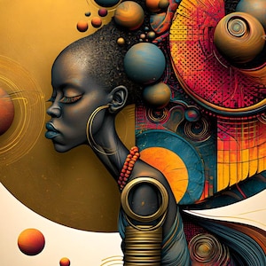 K&ouml;nnte beinhalten: Eine digitale Illustration einer Person im Profil mit dunkler Haut, die gro&szlig;e goldene Creolen, eine Perlenkette und gestapelte goldene Armreifen tr&auml;gt. Der Hintergrund zeigt abstrakte geometrische Formen, Kugeln und lebendige Muster in Gold, Rot und Blau.