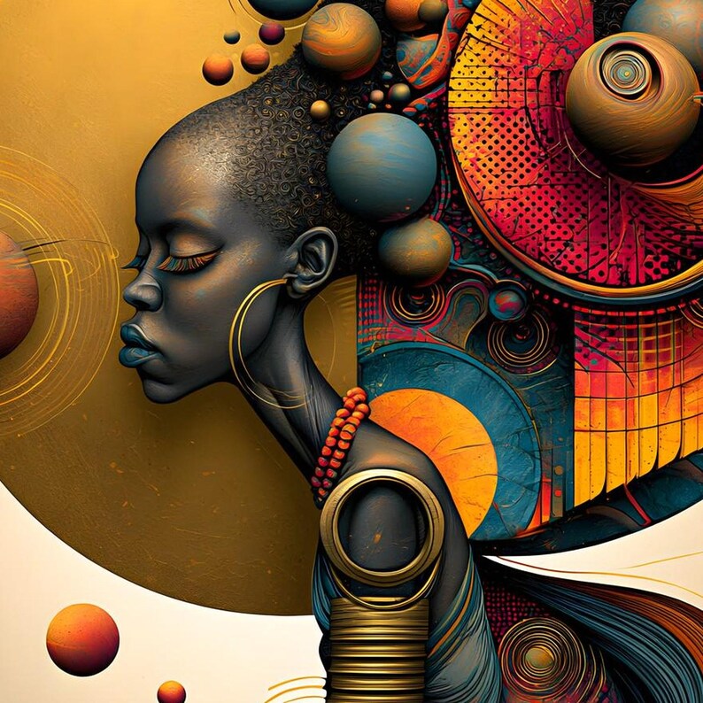 K&ouml;nnte beinhalten: Eine digitale Illustration einer Person im Profil mit dunkler Haut, die gro&szlig;e goldene Creolen, eine Perlenkette und gestapelte goldene Armreifen tr&auml;gt. Der Hintergrund zeigt abstrakte geometrische Formen, Kugeln und lebendige Muster in Gold, Rot und Blau.