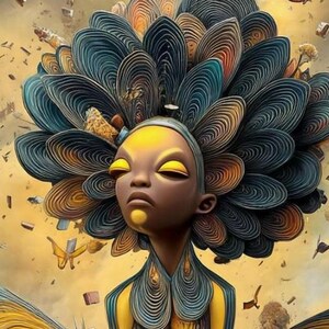 May include: A digital illustration of a figure with dark skin and closed eyes, featuring a large, circular headdress made of layered, fan-like blue and orange petals. The figure has yellow accents on the eyelids and chin, set against a golden background.