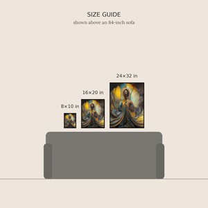 Pode incluir: Um guia de tamanhos exibindo tr&ecirc;s impress&otilde;es de arte emolduradas acima de um sof&aacute; de 84 polegadas. As impress&otilde;es est&atilde;o rotuladas como 8x10 in, 16x20 in e 24x32 in, com uma figura em vestes fluidas sobre um fundo abstrato dourado e azul.