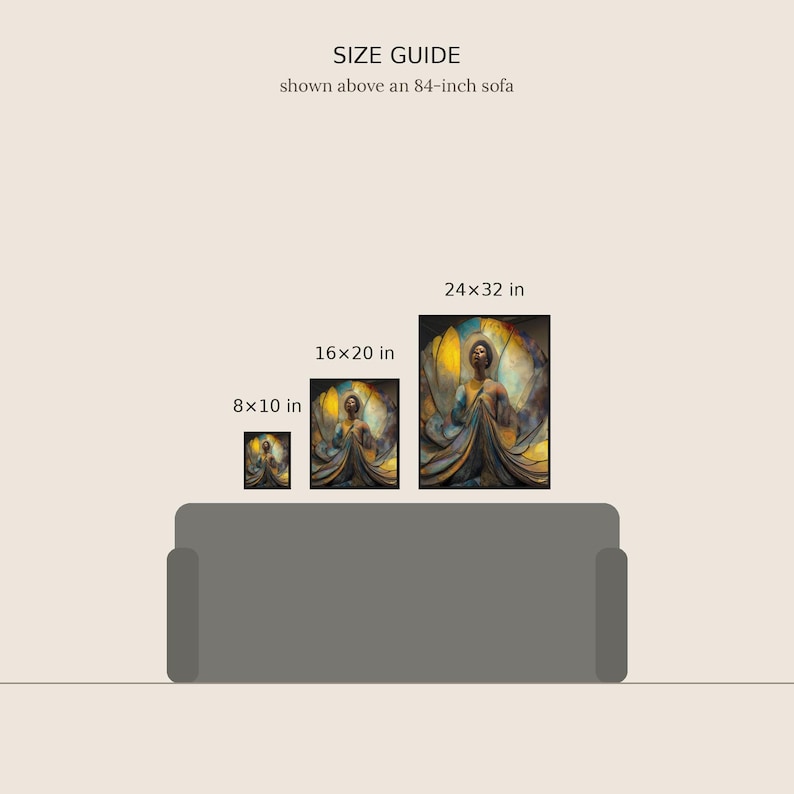 Pode incluir: Um guia de tamanhos exibindo tr&ecirc;s impress&otilde;es de arte emolduradas acima de um sof&aacute; de 84 polegadas. As impress&otilde;es est&atilde;o rotuladas como 8x10 in, 16x20 in e 24x32 in, com uma figura em vestes fluidas sobre um fundo abstrato dourado e azul.