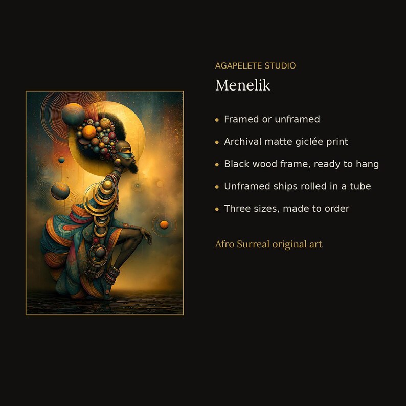 Peut inclure: Une impression gicl&eacute;e mate d'archives intitul&eacute;e Menelik par AGAPELETE STUDIO. L'&oelig;uvre repr&eacute;sente une silhouette orn&eacute;e de sph&egrave;res et d'anneaux dans des tons orange, bleu et or sur un soleil jaune &eacute;clatant et un fond sombre.