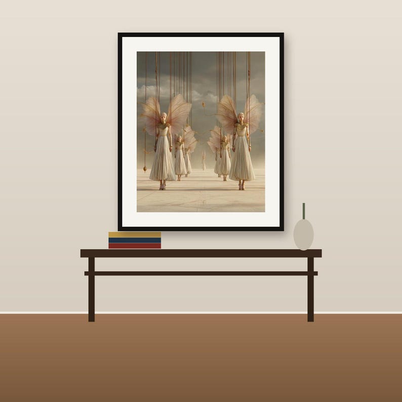 May include: A framed wall art print featuring a surreal scene of multiple figures with large, translucent wings suspended by thin vertical strings. The figures wear pleated white dresses and stand on a flat, light-colored surface under a cloudy sky.