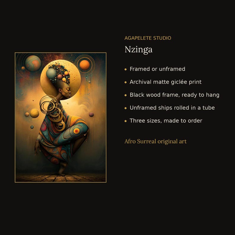 K&ouml;nnte beinhalten: Ein archivfester, matter Gicl&eacute;e-Druck mit dem Titel Nzinga von Agapelete Studio. Das Kunstwerk zeigt eine Person mit kugelf&ouml;rmiger Frisur vor einer goldenen Sonne, umgeben von schwebenden Planeten und wirbelnden Linien.