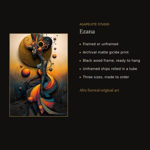 May include: An archival matte gicl&eacute;e print titled Ezana by Agapelete Studio. The artwork features a stylized figure in dark tones adorned with vibrant orange, red, and blue circular patterns against a golden sun-like background.