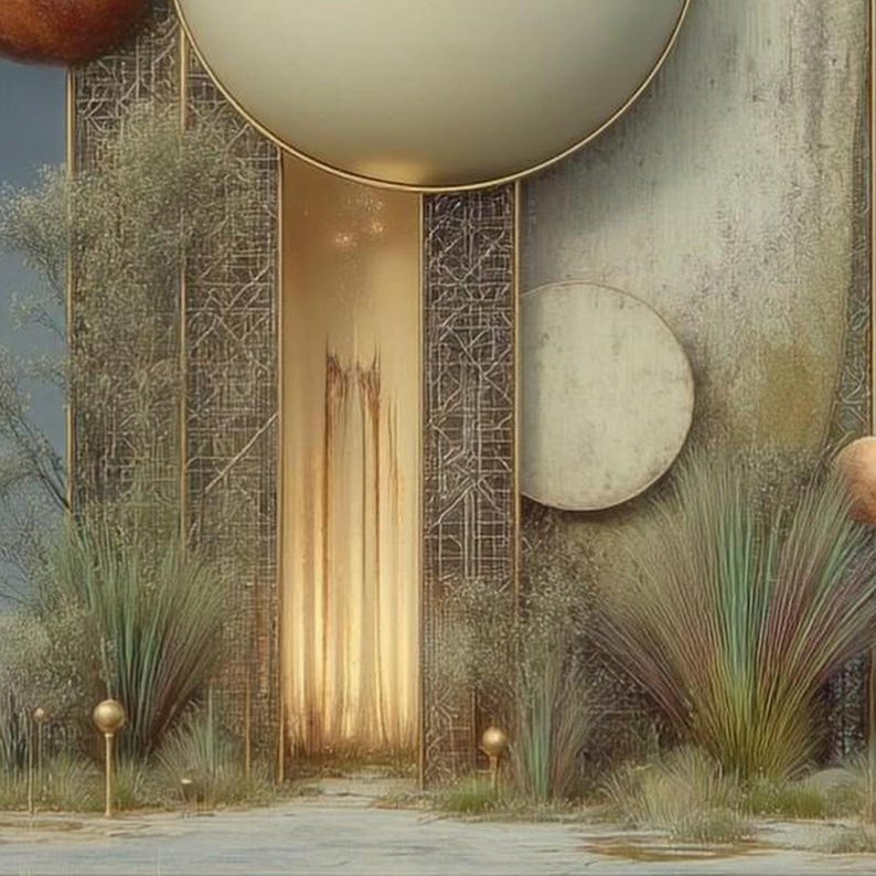 May include: A large golden circular structure sits above a vertical rectangular opening with intricate metallic lattice patterns. The scene includes textured beige panels, a smaller circular disc, and clusters of spiky green foliage.