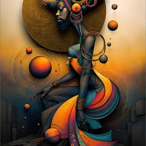 May include: A digital illustration of a dark-skinned figure in profile, adorned with an elaborate headpiece and flowing, multi-colored fabric. The composition features golden circular elements, floating spheres, and orbital rings in shades of orange, blue, and gold.