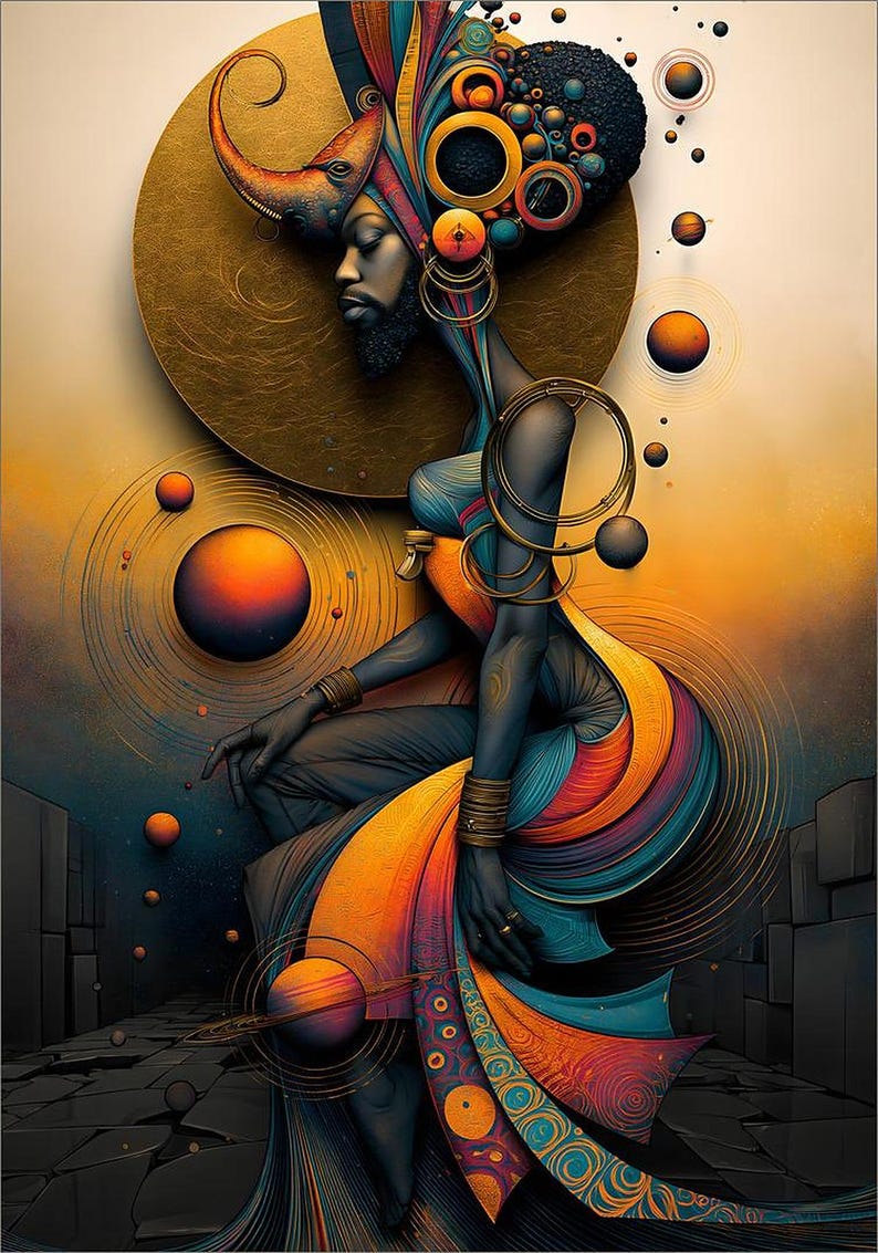 May include: A digital illustration of a dark-skinned figure in profile, adorned with an elaborate headpiece and flowing, multi-colored fabric. The composition features golden circular elements, floating spheres, and orbital rings in shades of orange, blue, and gold.