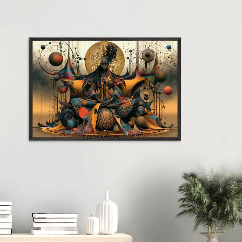 Inramad väggkonst i afroamerikansk stil, invigning, svart andligt konsttryck, afrosurreal guldhalo-dekor, redo att hängas bild 2