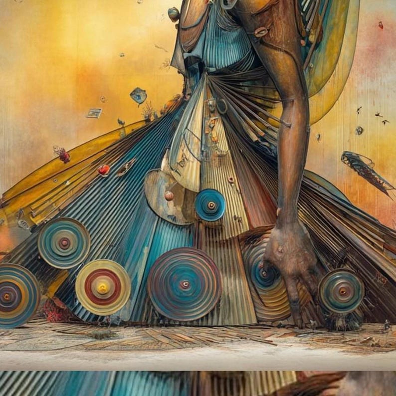 May include: A large, abstract garment featuring a wide, pleated skirt in shades of blue, yellow, and brown. The surface is adorned with circular, multi-coloured discs and metallic textures, with a prominent arm extending downward over the fabric.