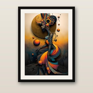 May include: A framed digital art print featuring a dark-skinned figure in profile, adorned with intricate circular headwear and flowing, multi-colored fabric. The composition includes floating spheres and a large golden sun against a gradient background.