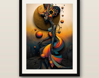 May include: A framed digital art print featuring a dark-skinned figure in profile, adorned with intricate circular headwear and flowing, multi-colored fabric. The composition includes floating spheres and a large golden sun against a gradient background.
