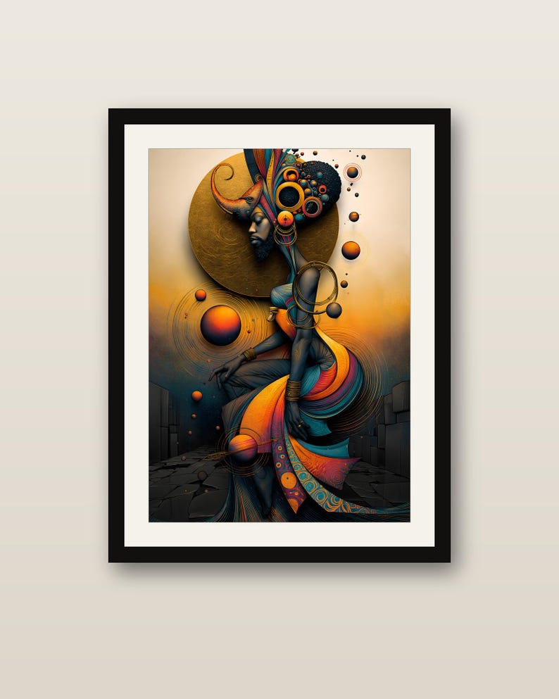May include: A framed digital art print featuring a dark-skinned figure in profile, adorned with intricate circular headwear and flowing, multi-colored fabric. The composition includes floating spheres and a large golden sun against a gradient background.