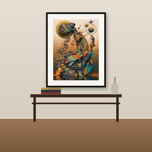 May include: A framed wall art print featuring a kneeling figure with a vibrant, multi-colored striped garment and headpiece. The figure is surrounded by floating celestial spheres and golden rings against a warm, gradient background.