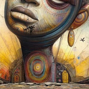 May include: A surreal digital painting featuring a large, stylised face with concentric circular patterns in shades of gold, brown, and blue. The neck displays a prominent circular design, while small architectural doorways are visible below.