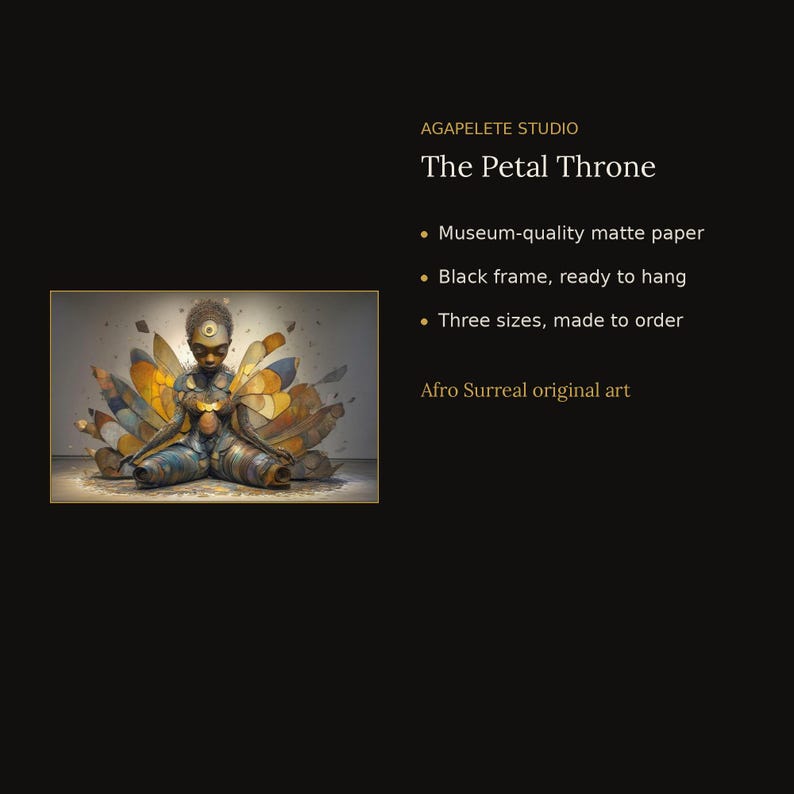 May include: A framed art print titled The Petal Throne by AGAPELETE STUDIO. The artwork depicts a figure in a meditative pose surrounded by large, layered, petal-like structures in shades of gold, brown, and blue on museum-quality matte paper.
