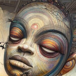 May include: A large, stylised sculpture of a human face featuring intricate, concentric circular line patterns in shades of gold, blue, and brown. The closed eyes have vibrant orange and red lids, and small, dark, spider-like figures are attached to the side.