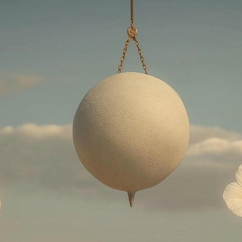 May include: A spherical, textured off-white object suspended by a thin gold-toned chain. The sphere features a small, pointed gold-toned tip at the bottom and a circular gold-toned attachment point at the top where the chain connects.
