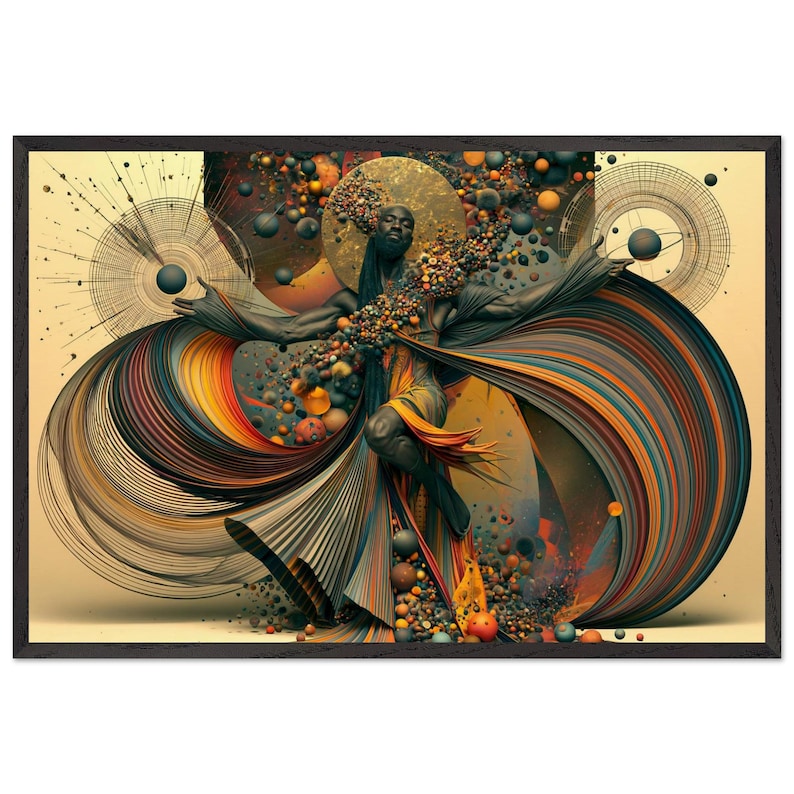 Ingelijste wanddecoratie met Afro-Amerikaanse dans, Jubilee, zwarte kunstprint, Afro-surrealistische decoratie in goud en brons, klaar om op te hangen. afbeelding 1