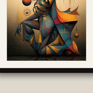 May include: A digital illustration featuring a stylized figure in a kneeling pose, adorned with layered gold neck rings. The figure wears intricate, flowing garments in shades of deep blue, orange, and gold, accented by floating spherical orbs.
